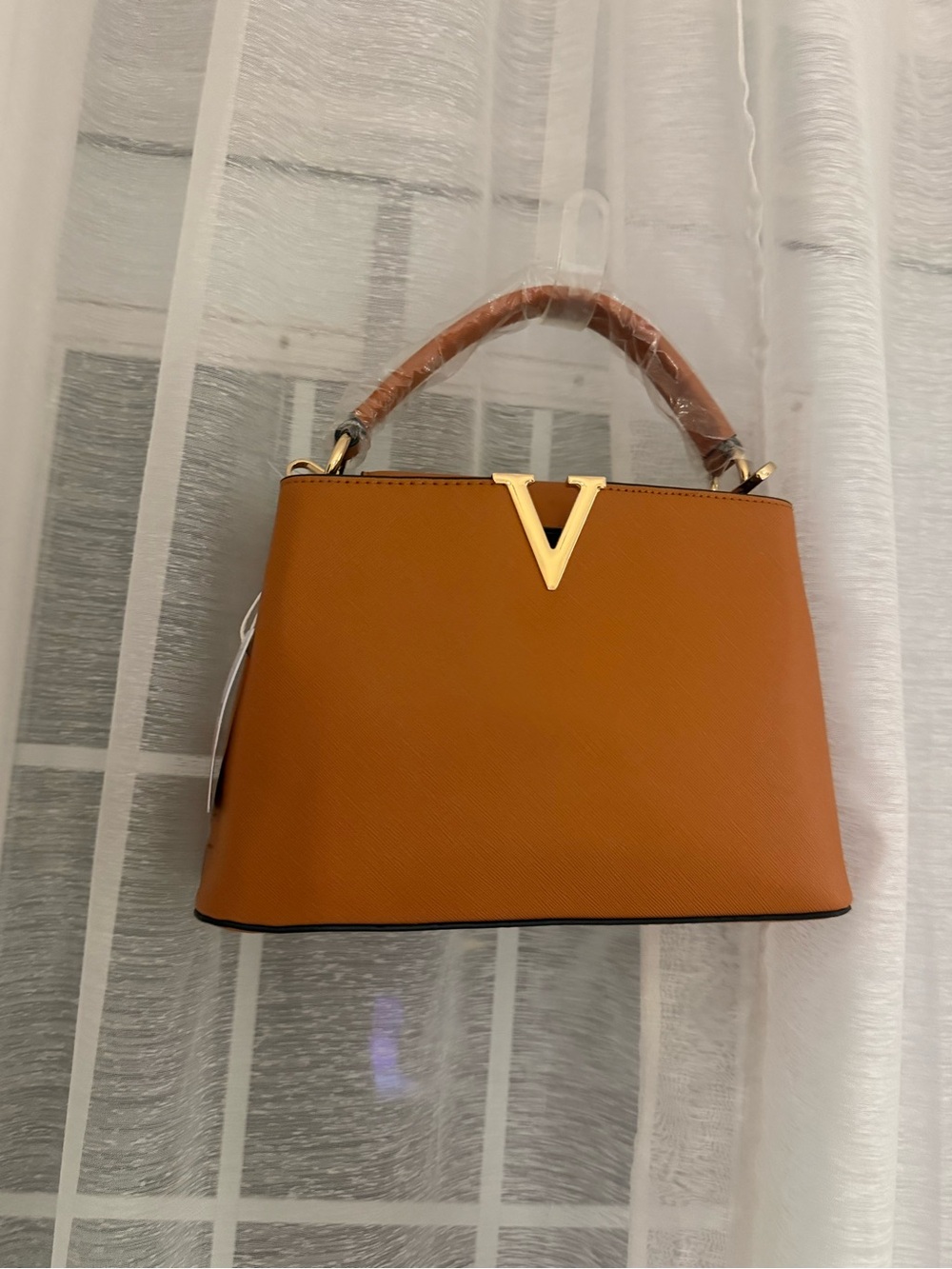 Structured Top-Handle Satchel in Cognac Tan with Gold V Accent